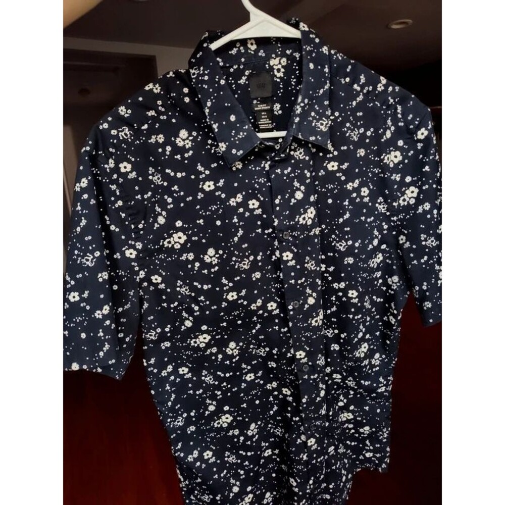 HM H&M slim fit men's shirt sleeve button down formal floral navy shirt L